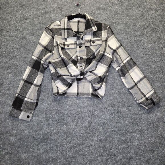 Zeagoo Jacket Womens Large Black Gray Plaid Flannel Cropped Shacket Button - Picture 1 of 7